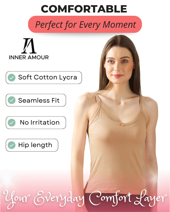 White & Beige Cotton Camisole Top for Women - Soft Stretch Fit with Fixed Straps & Scoop Neck (Pack of 2)