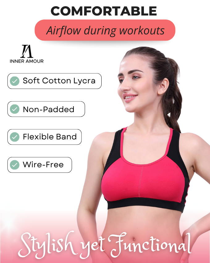 Black & Pink Sports Bra for Women | Non-Padded, Moisture-Wicking, Full Coverage Activewear Bra