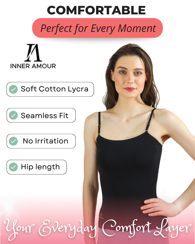 Black Cotton Camisole Slip for Women  | Soft Stretch, Comfort Fit with Adjustable Straps