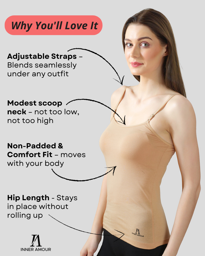 White & Beige Cotton Camisole Slip for Women  | Soft Stretch, Comfort Fit with Adjustable Straps (Pack of 2)