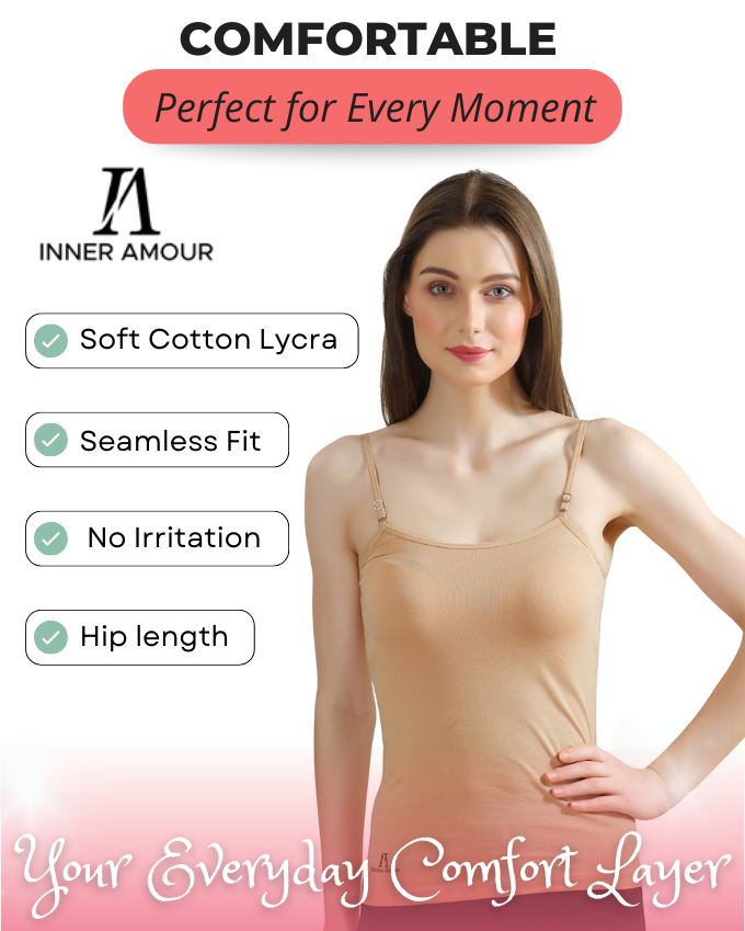 Beige Cotton Camisole Slip for Women  | Soft Stretch, Comfort Fit with Adjustable Straps