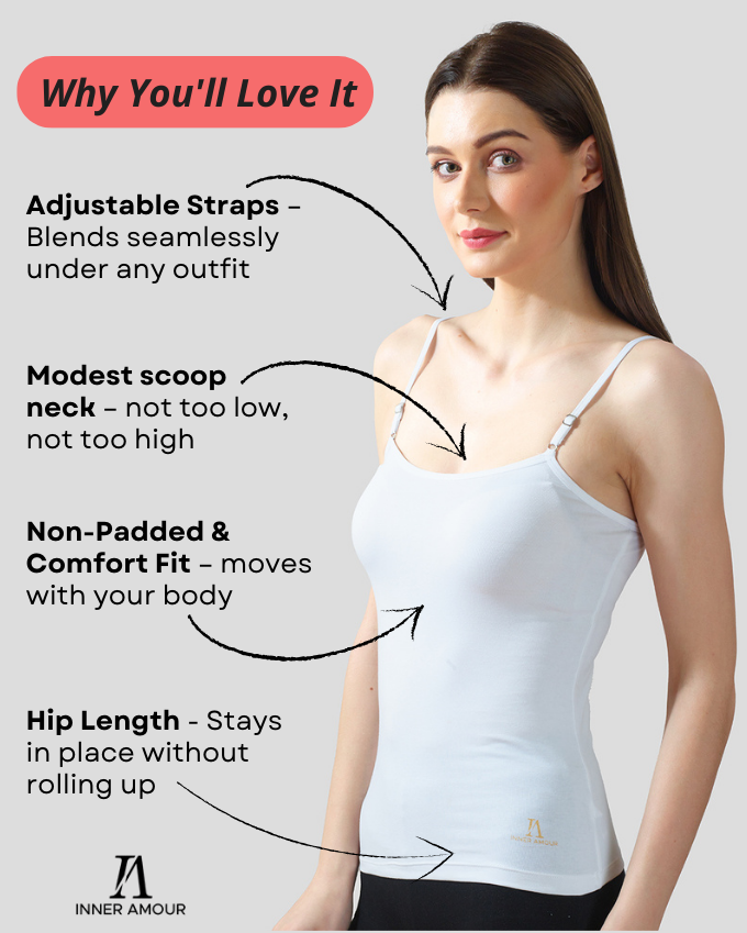 White & Beige Cotton Camisole Slip for Women  | Soft Stretch, Comfort Fit with Adjustable Straps (Pack of 2)