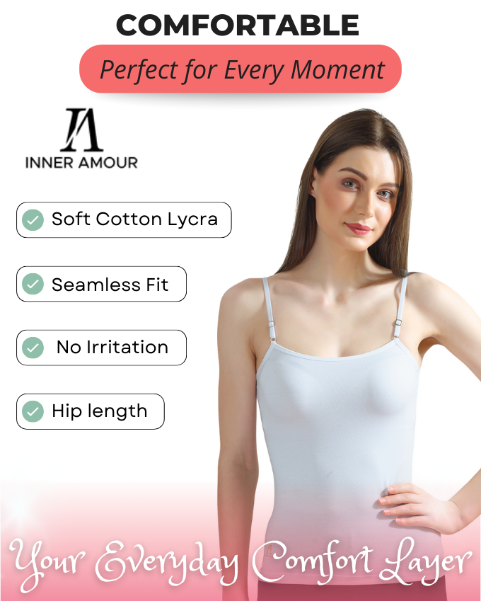 White Cotton Camisole Slip for Women  | Soft Stretch, Comfort Fit with Adjustable Straps