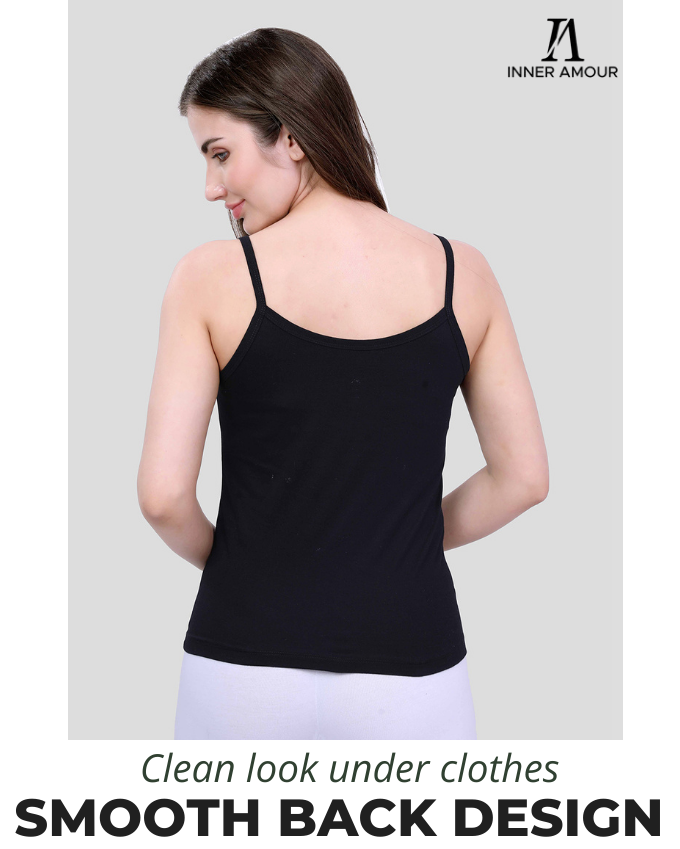 Black & Beige Cotton Camisole Top for Women - Soft Stretch Fit with Fixed Straps & Scoop Neck (Pack of 2)