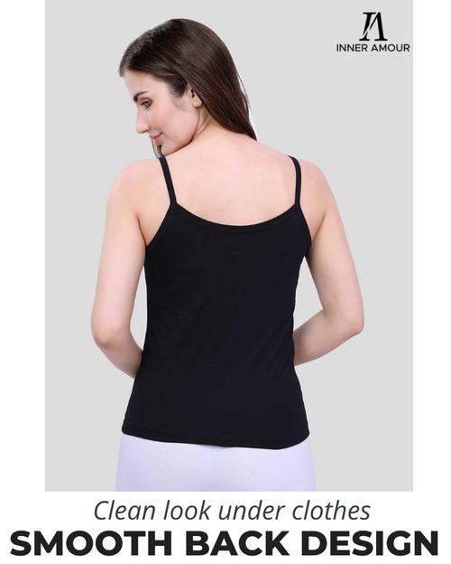Black & Beige Cotton Camisole Top for Women - Soft Stretch Fit with Fixed Straps & Scoop Neck (Pack of 2)