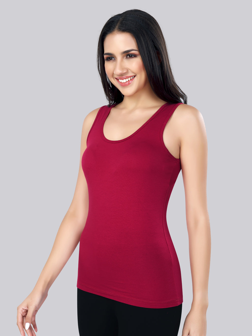 Women’s Maroon Cotton Sleeveless Camisole Tank Top with Broad Straps & Hip Length Fit