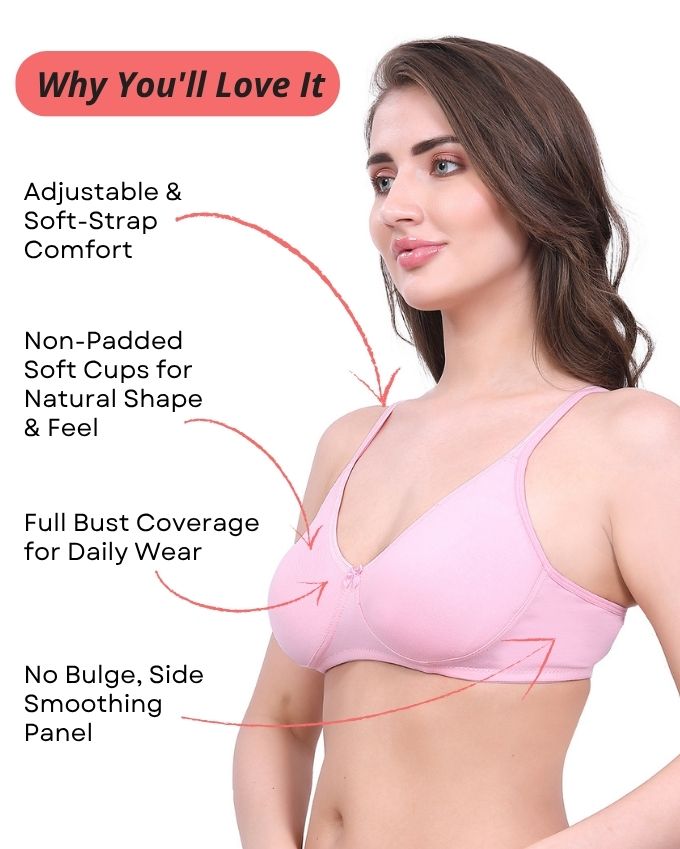 Pink Cotton Bra for Women | Non-Padded, Wireless, Full Coverage | Daily Wear Comfort Bra