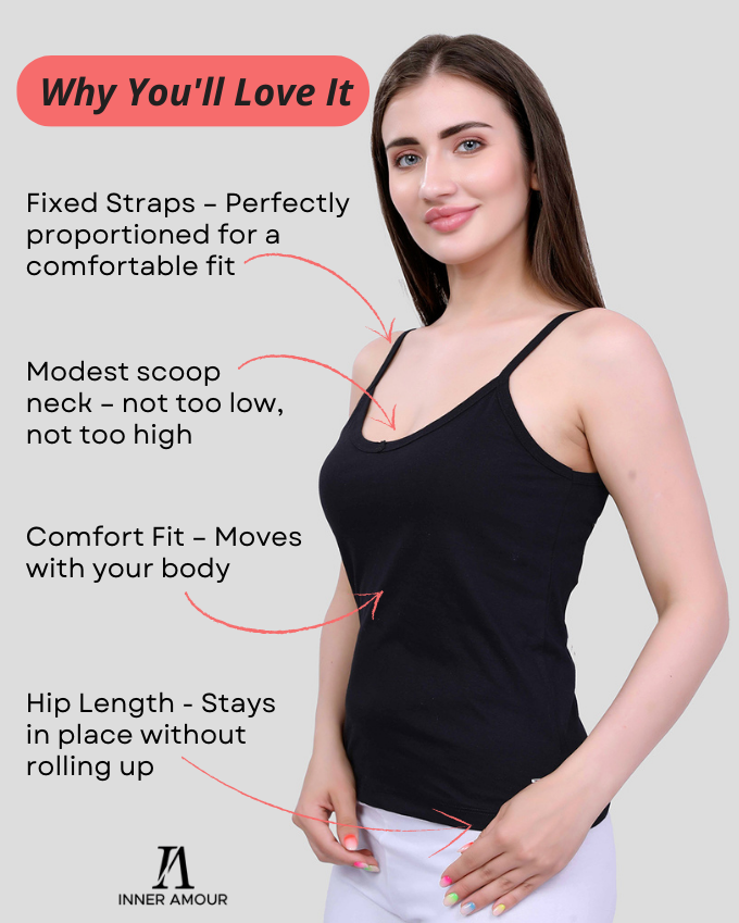 Black Cotton Camisole Top for Women - Soft Stretch Fit with Fixed Straps & Scoop Neck