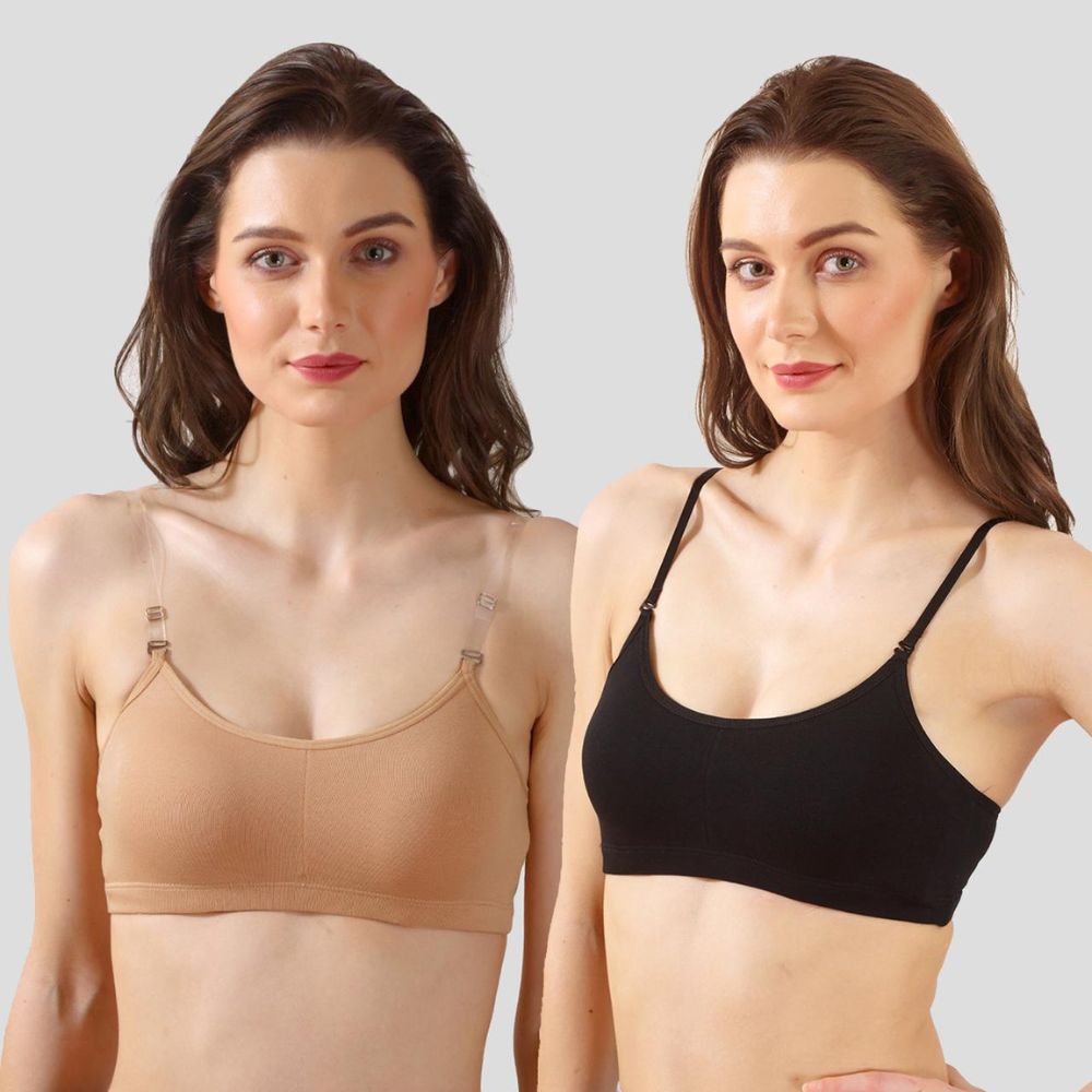 Black & Beige Slip-On Daily Wear Bra for Women – Full Coverage, Non-Padded, Everyday Comfort (Pack of 2)