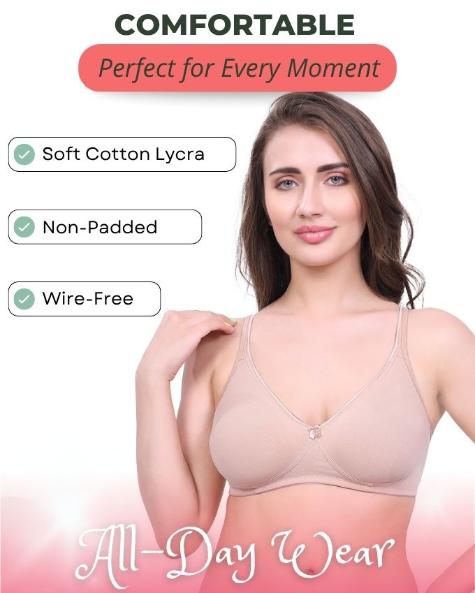 Beige Cotton Bra for Women | Non-Padded, Wireless, Full Coverage | Daily Wear Comfort Bra