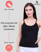Black Cotton Camisole Top for Women - Soft Stretch Fit with Fixed Straps & Scoop Neck