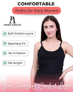 Black Cotton Camisole Top for Women - Soft Stretch Fit with Fixed Straps & Scoop Neck