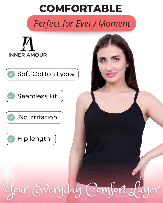 Black Cotton Camisole Top for Women - Soft Stretch Fit with Fixed Straps & Scoop Neck