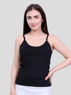 Black Cotton Camisole Top for Women - Soft Stretch Fit with Fixed Straps & Scoop Neck