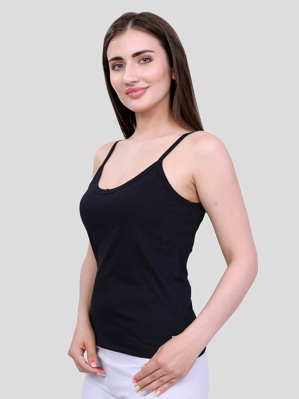 Black Cotton Camisole Top for Women - Soft Stretch Fit with Fixed Straps & Scoop Neck