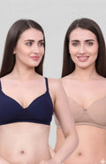 Navy Blue & Beige Lightly Padded Bra for Women - Wireless Cotton Bra for Daily Wear (Pack of 2)