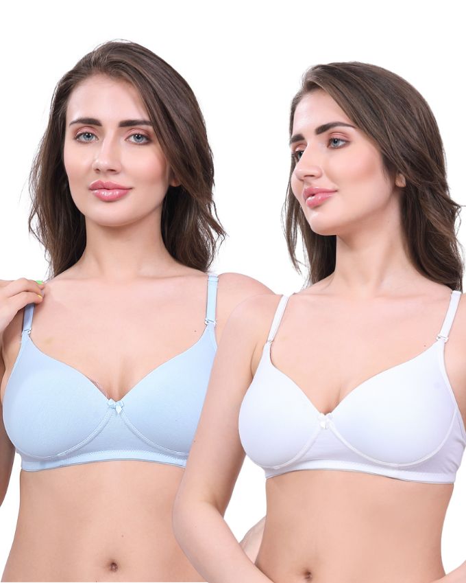 White & Blue Lightly Padded Bra for Women - Lightly Padded, Wireless Cotton Bra for Daily Wear (Pack of 2)