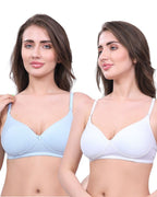 White & Blue Lightly Padded Bra for Women - Lightly Padded, Wireless Cotton Bra for Daily Wear (Pack of 2)