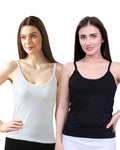 Black & White Cotton Camisole Top for Women - Soft Stretch Fit with Fixed Straps & Scoop Neck (Pack of 2)