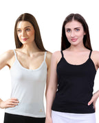 Black & White Cotton Camisole Top for Women - Soft Stretch Fit with Fixed Straps & Scoop Neck (Pack of 2)