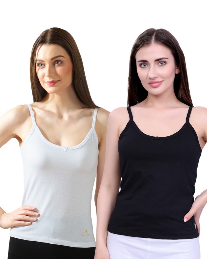 Black & White Cotton Camisole Top for Women - Soft Stretch Fit with Fixed Straps & Scoop Neck (Pack of 2)