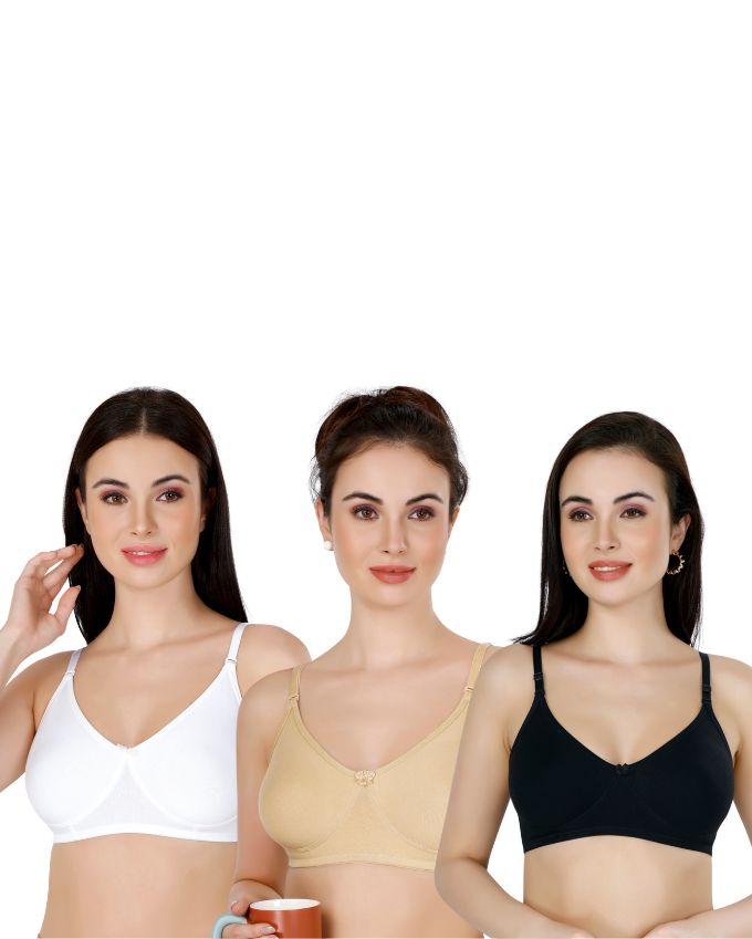 Black, White, Beige Everyday Cotton Bra For Women – Non-Padded, Wire-Free, Breathable & Comfortable Fit (Pack of 3)