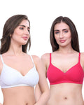 White & Pink Lightly Padded Bra for Women - Wireless Cotton Bra for Daily Wear (Pack of 2)