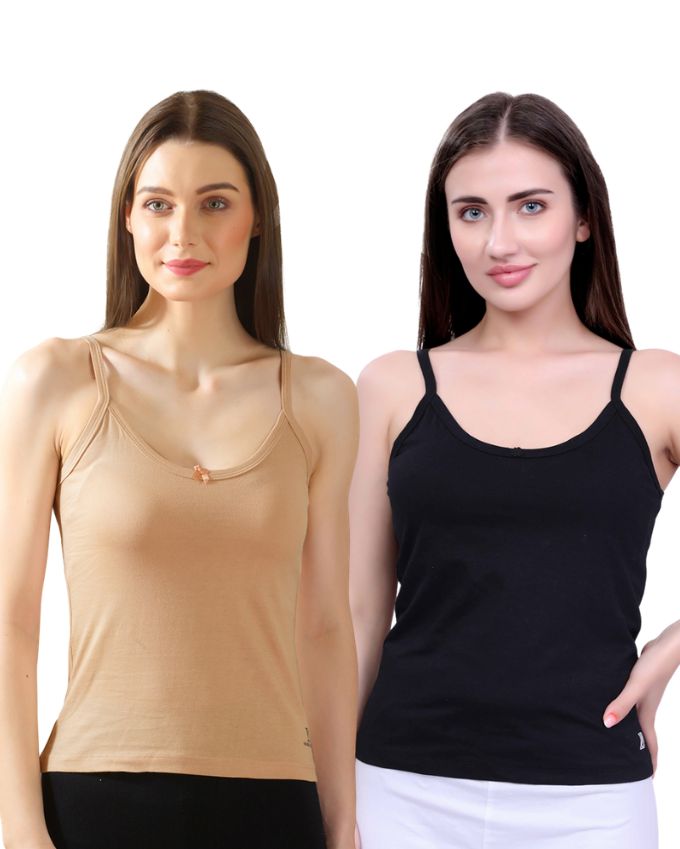 Black & Beige Cotton Camisole Top for Women - Soft Stretch Fit with Fixed Straps & Scoop Neck (Pack of 2)