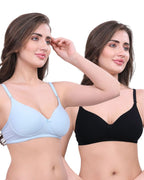 Black & Blue Lightly Padded Bra for Women - Wireless Cotton Bra for Daily Wear (Pack of 2)