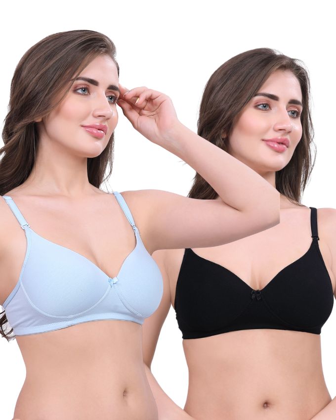 Black & Blue Lightly Padded Bra for Women - Wireless Cotton Bra for Daily Wear (Pack of 2)