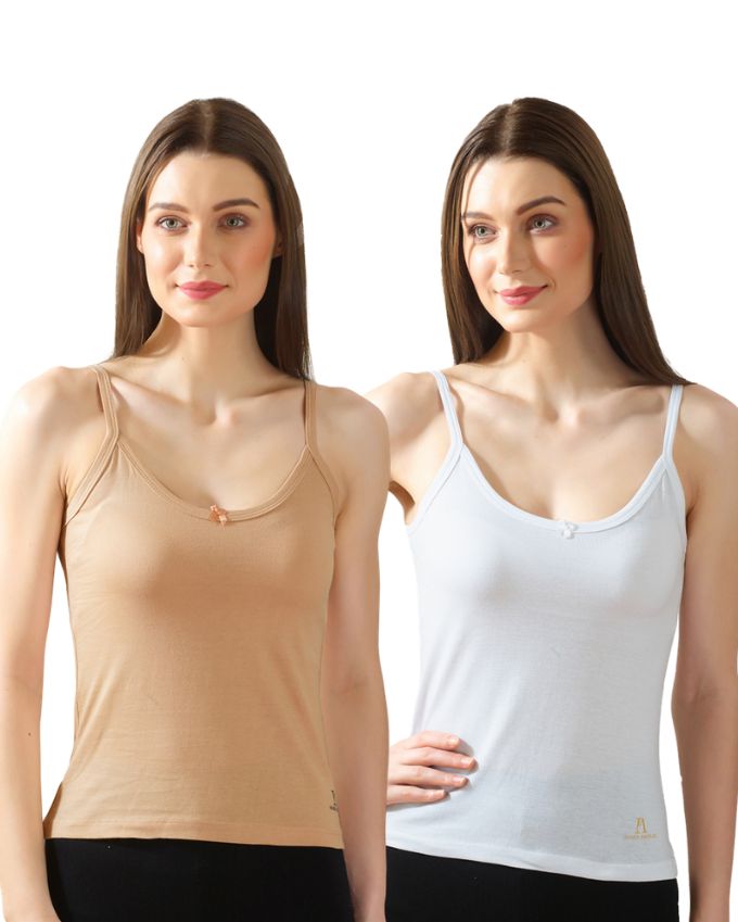 White & Beige Cotton Camisole Top for Women - Soft Stretch Fit with Fixed Straps & Scoop Neck (Pack of 2)