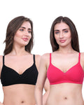 Black & Pink Lightly Padded Bra for Women - Wireless Cotton Bra for Daily Wear (Pack of 2)