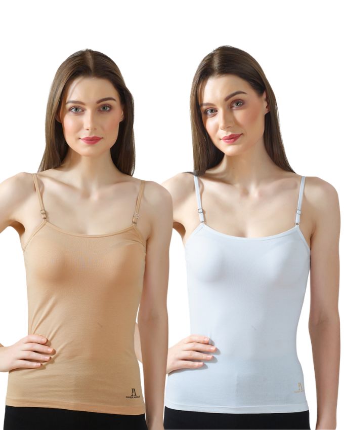 White & Beige Cotton Camisole Slip for Women  | Soft Stretch, Comfort Fit with Adjustable Straps (Pack of 2)