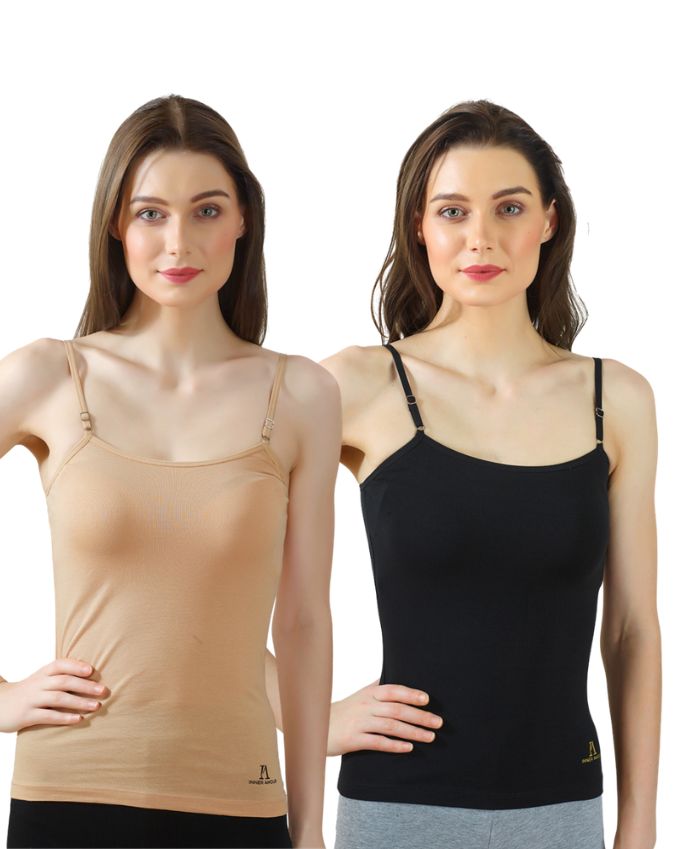 Black & Beige Cotton Camisole Slip for Women  | Soft Stretch, Comfort Fit with Adjustable Straps (Pack of 2)