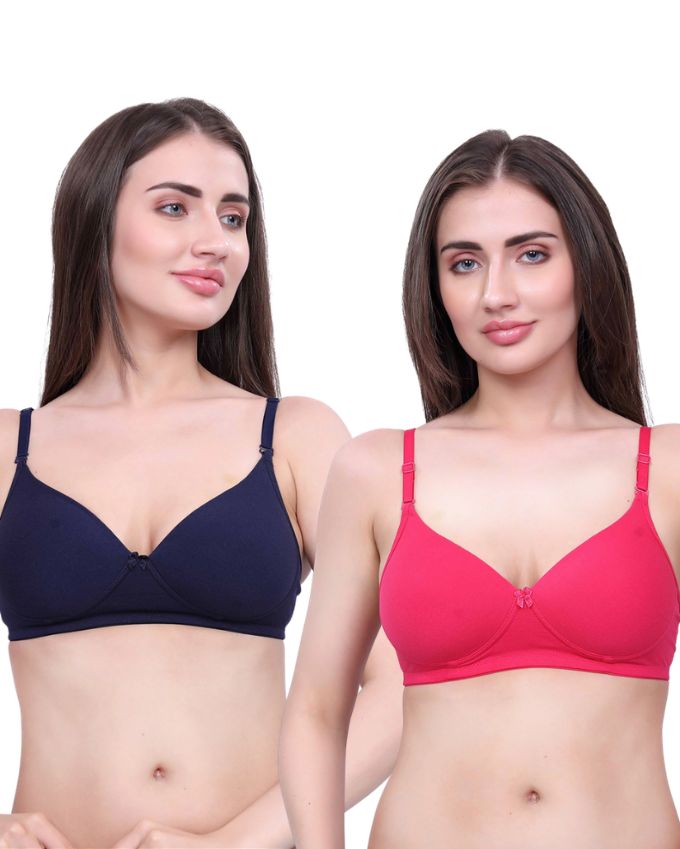 Navy Blue & Pink Lightly Padded Bra for Women - Wireless Cotton Bra for Daily Wear (Pack of 2)