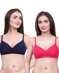 Navy Blue & Pink Lightly Padded Bra for Women - Wireless Cotton Bra for Daily Wear (Pack of 2)