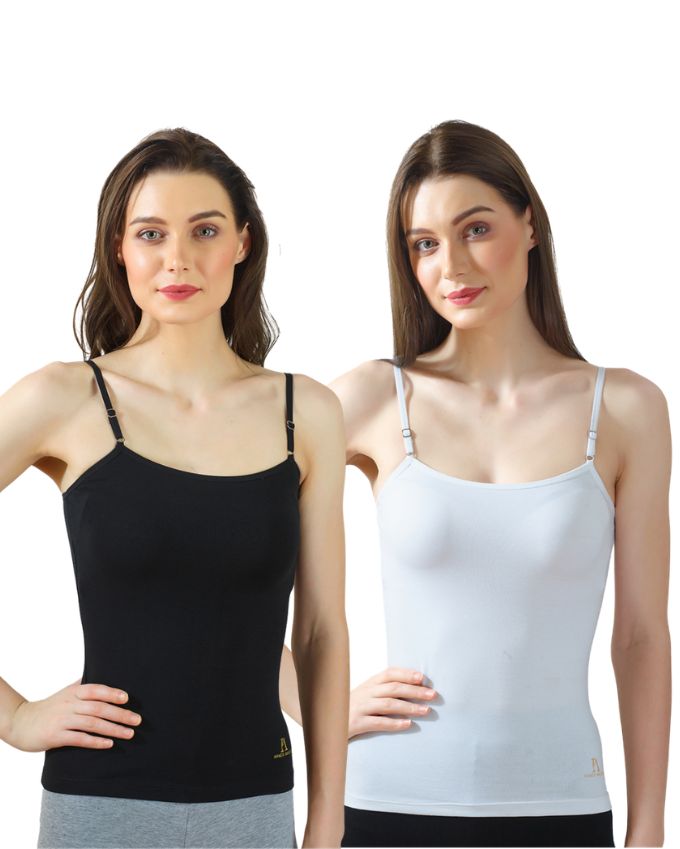 Black & White Cotton Camisole Slip for Women  | Soft Stretch, Comfort Fit with Adjustable Straps (Pack of 2)
