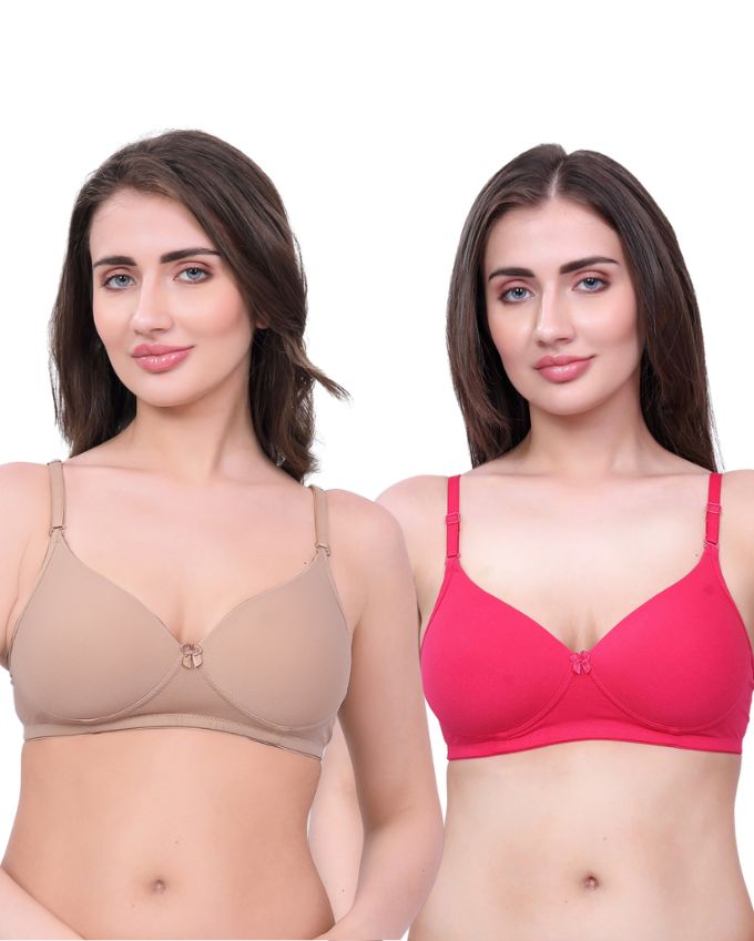 Beige & Pink Lightly Padded Bra for Women - Wireless Cotton Bra for Daily Wear (Pack of 2)