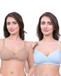 Blue & Beige Lightly Padded Bra for Women - Wireless Cotton Bra for Daily Wear (Pack of 2)