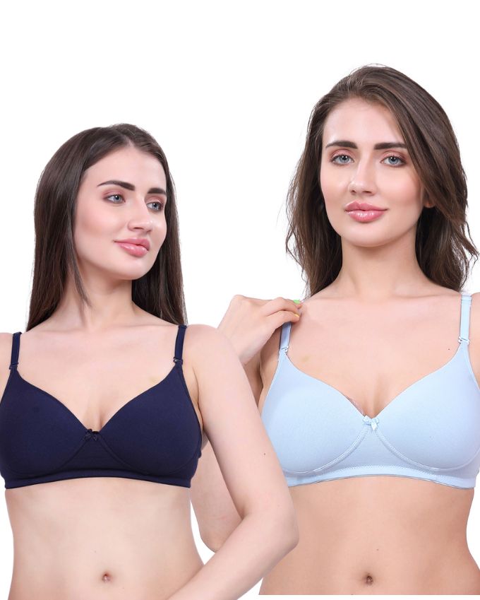 Navy Blue & Blue Lightly Padded Bra for Women - Wireless Cotton Bra for Daily Wear (Pack of 2)