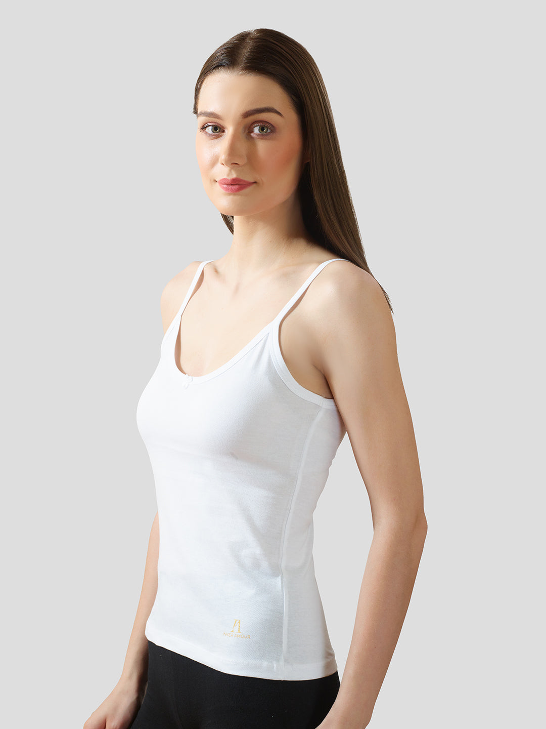 White Cotton Camisole Top for Women - Soft Stretch Fit with Fixed Straps & Scoop Neck