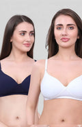 White & Navy Blue Lightly Padded Bra for Women - Wireless Cotton Bra for Daily Wear (Pack of 2)