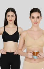 Black & Beige Women Everyday Cotton Bra – Non-Padded, Wire-Free, Breathable & Comfortable Fit (Pack of 2)