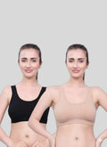 Black & Beige Cotton Sleep-On Bra For Women  | Non-Padded, Wire-Free Sleep & Casual Wear (Pack of 2)
