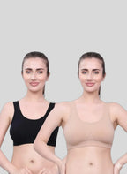 Black & Beige Cotton Sleep-On Bra For Women  | Non-Padded, Wire-Free Sleep & Casual Wear (Pack of 2)