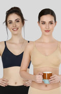 Navy Blue & Beige Women Everyday Cotton Bra – Non-Padded, Wire-Free, Breathable & Comfortable Fit (Pack of 2)